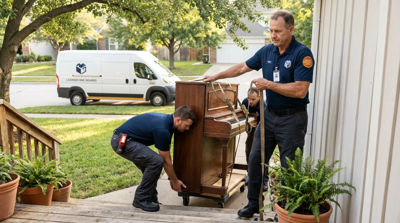 Licensed piano movers securing grand piano in Haubstadt, IN