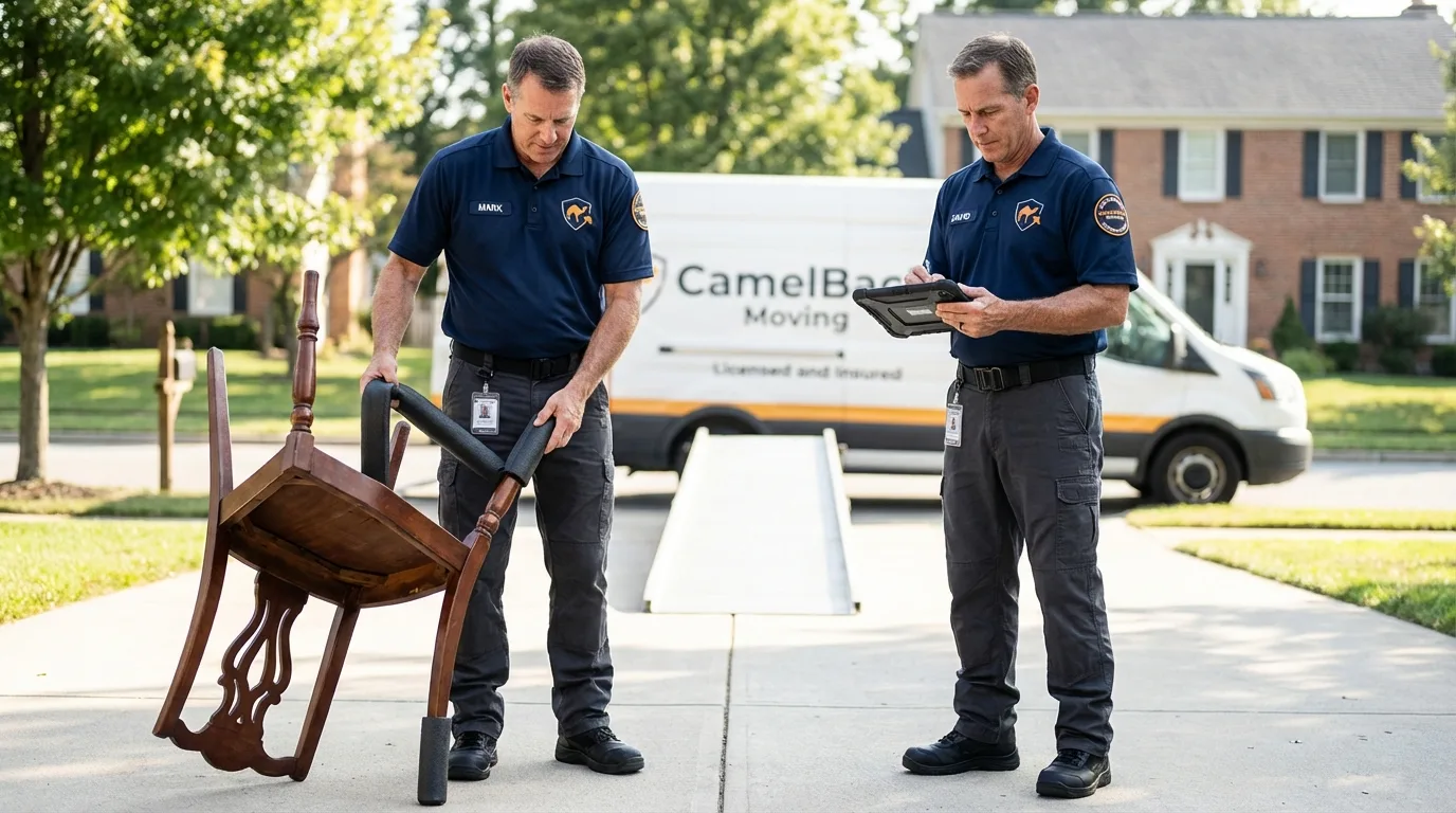 Movers inspecting furniture for damage prevention before loading in Haubstadt, IN