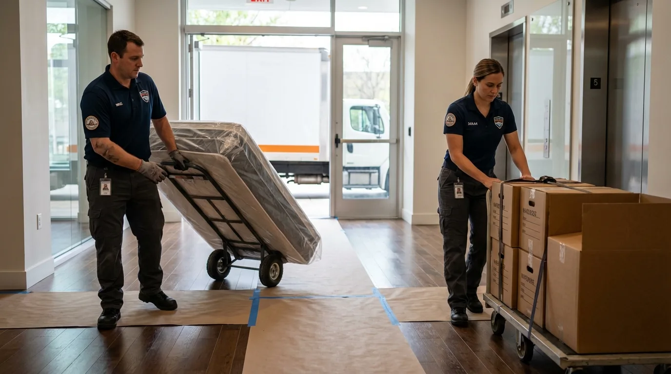 Professional apartment movers loading elevator in Haubstadt, IN