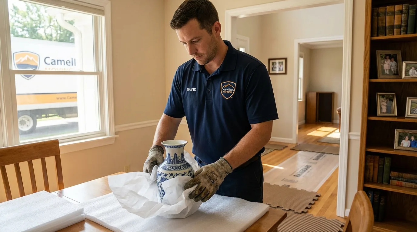 Professional crew carefully wrapping antique vase for senior downsizing move in Haubstadt, IN